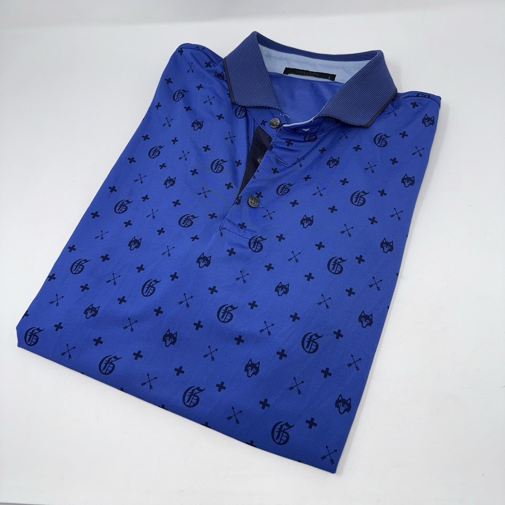 Greyson Mens Large Blue Monogram Wolf Head Print Golf Polo Shirt Performance